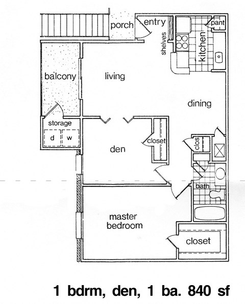 Floor plan for 1 bed, 1 bath, 840 sqft